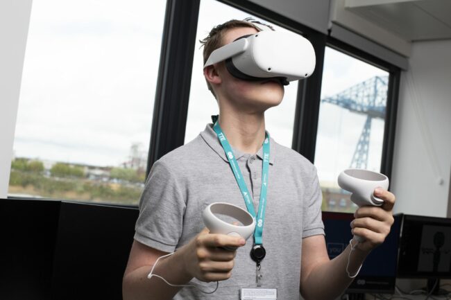 Student wearing VR headset