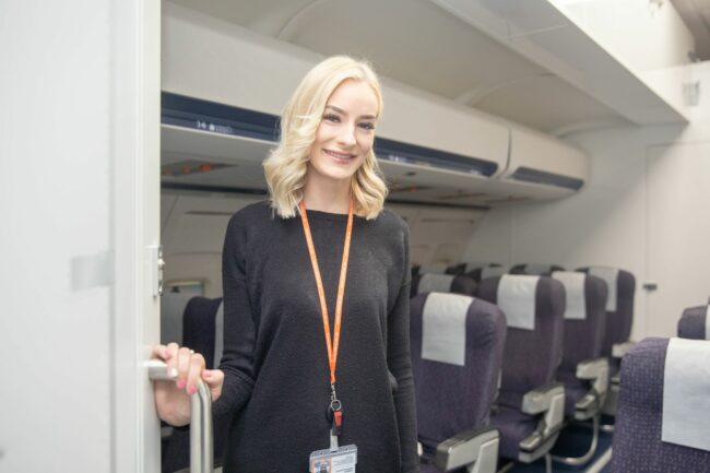 Student in simulated aircraft cabin