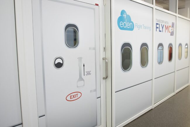 Entrance to simulated aircraft cabin