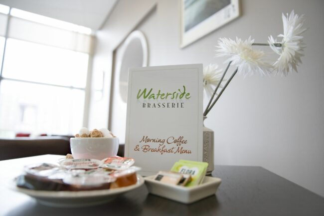 Waterside Brasserie menu and sugar bowl