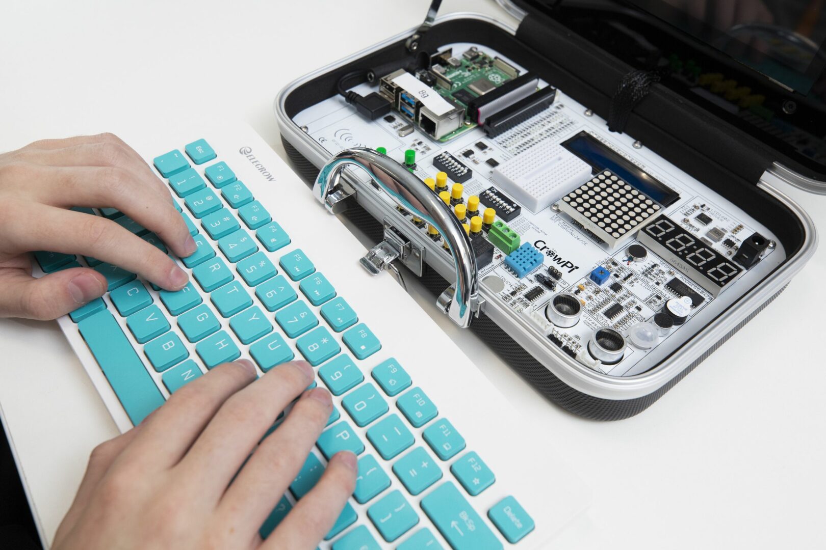 Hands on keyboard and switchboard
