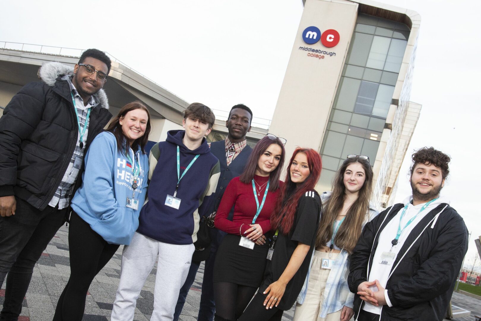 Eight students standing outside Middlesbrough College