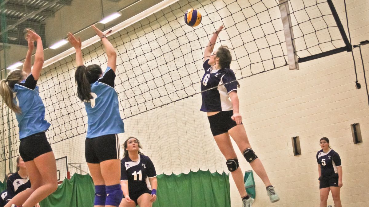 Volleyball players mid game
