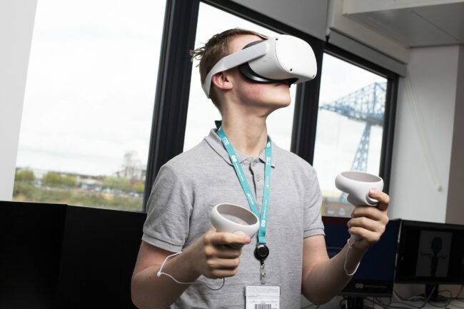 Student wearing VR headset