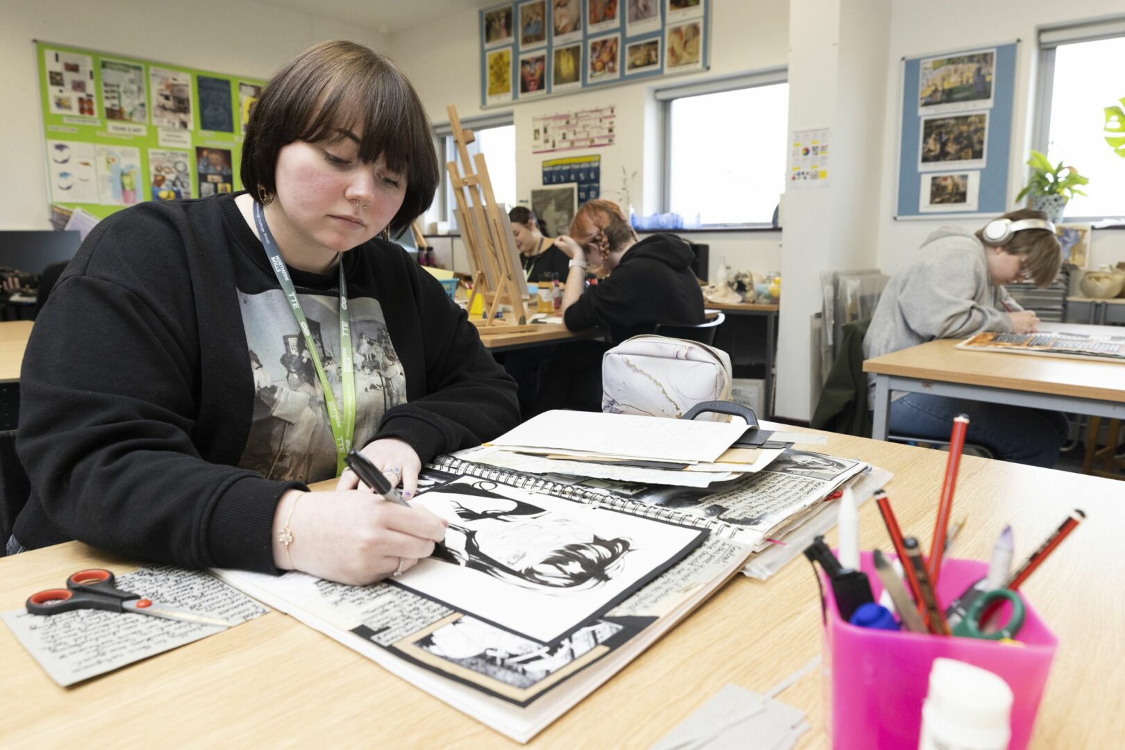 A Level Art students in art classroom