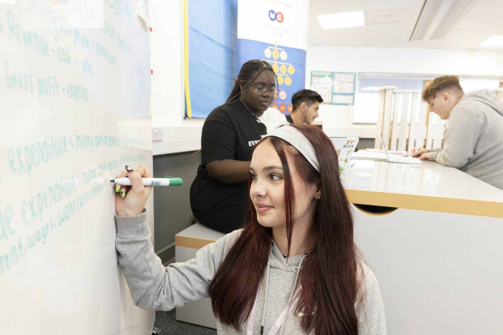 Business student writing on whiteboard