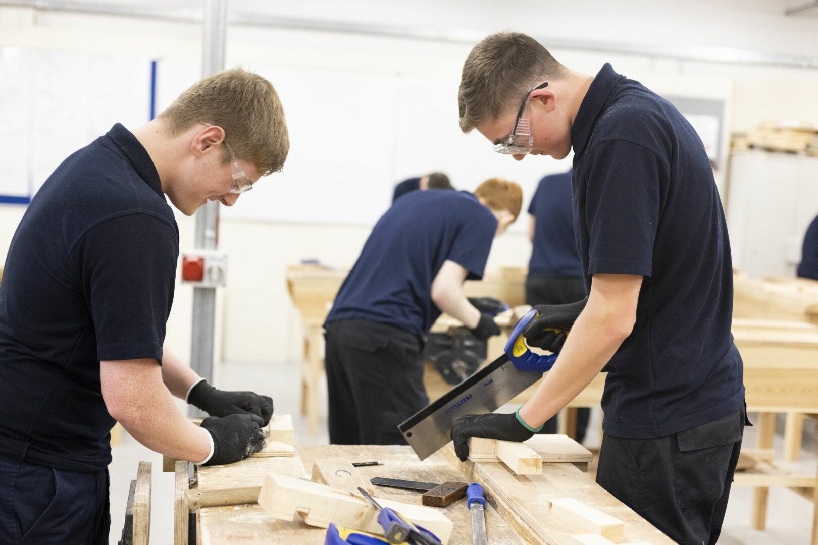 Construction students in wood workshop