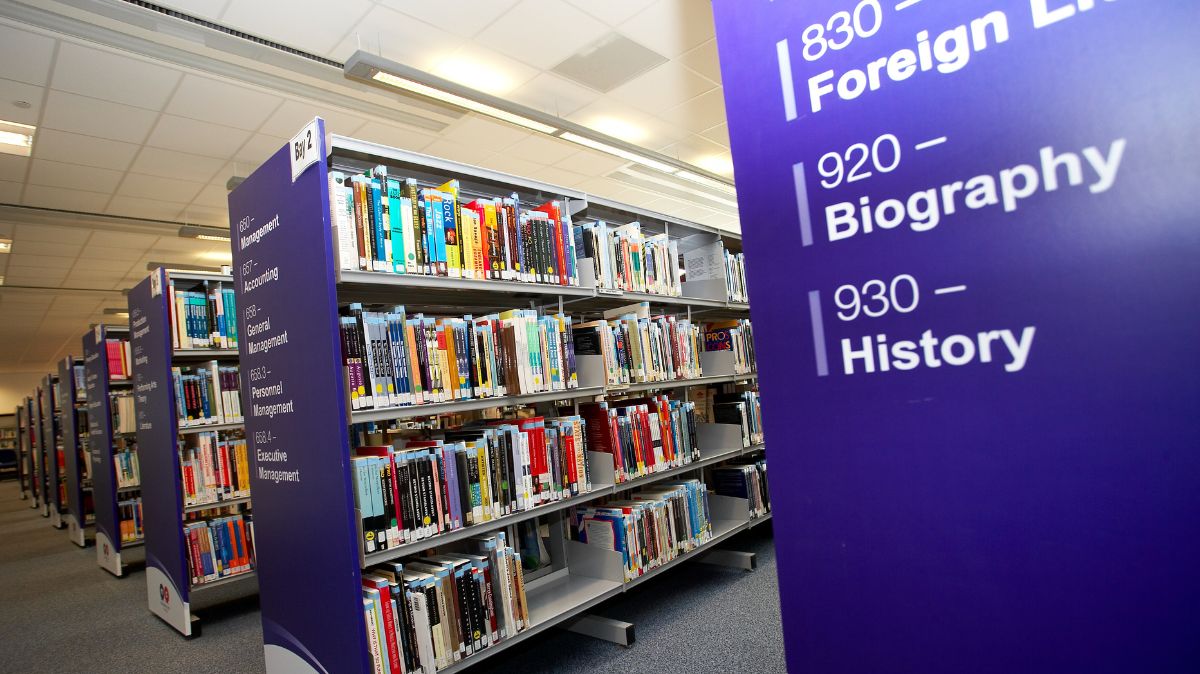 Bookshelves in library