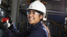 TTE female student wearing hard hat and goggles