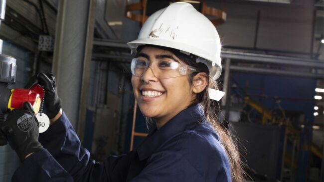 TTE female student wearing hard hat and goggles