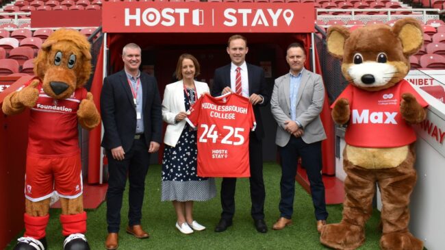 Gary Potts, Zoe Lewis, Liam McGuinness and Matt Telling, with Roary the Lion and Max the Mouse
