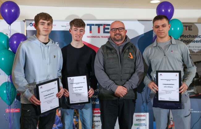 Scholars Aston Robinson, Henry Taylor and Alfie Williams with employer Applied Integration UK Ltd