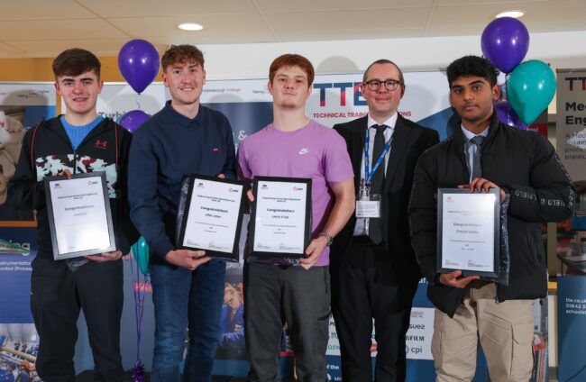 Scholars Joel Bell, Alfie Lister, Lewis Kid and Shejad Uddin with employer EDF
