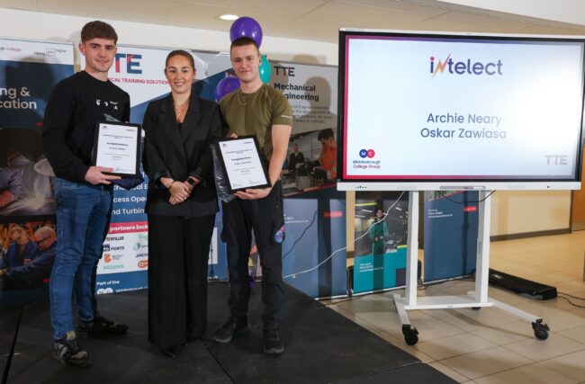 Scholars Archie Neary and Oskar Sawiasa with employer Intelect UK Ltd