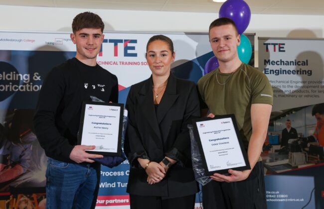 Scholars Archie Neary and Oskar Sawiasa with employer Intelect UK Ltd