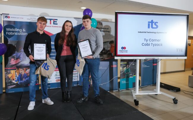 Scholars Cobi Tyzack and Ty Corner with employer Industrial Technology Systems Ltd