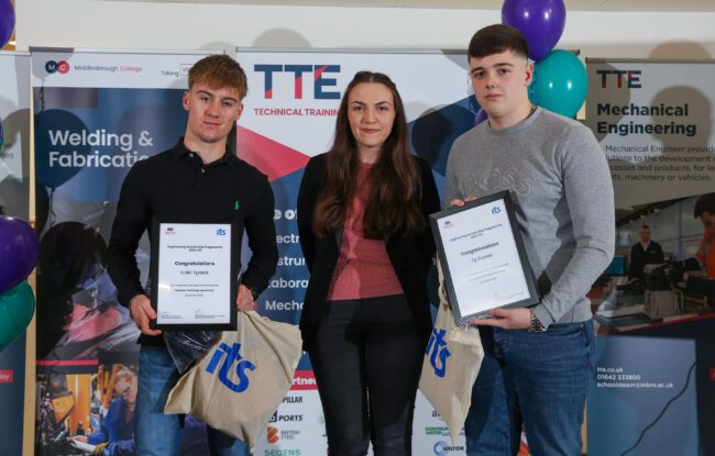 Scholars Cobi Tyzack and Ty Corner with employer Industrial Technology Systems Ltd