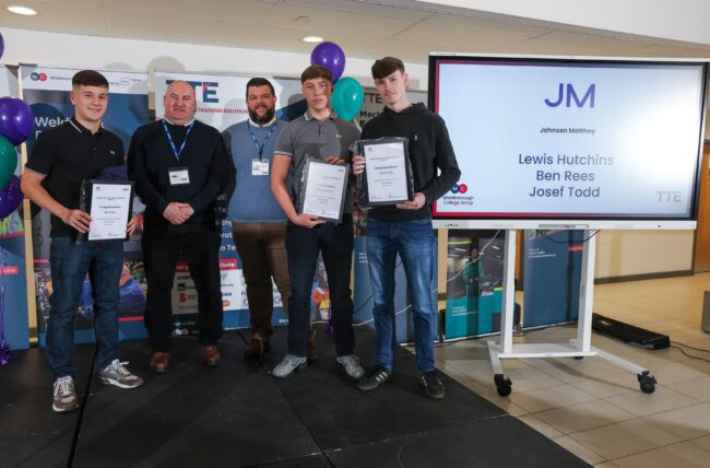 Scholars Ben Rees, Lewis Hutchins and Josef Todd with employer Johnson Matthey