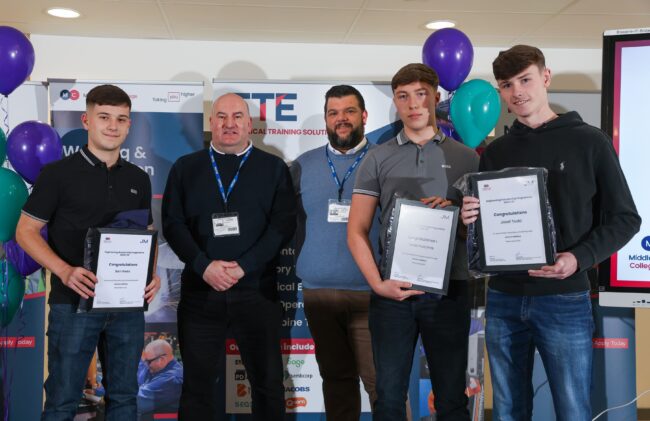 Scholars Ben Rees, Lewis Hutchins and Josef Todd with employer Johnson Matthey