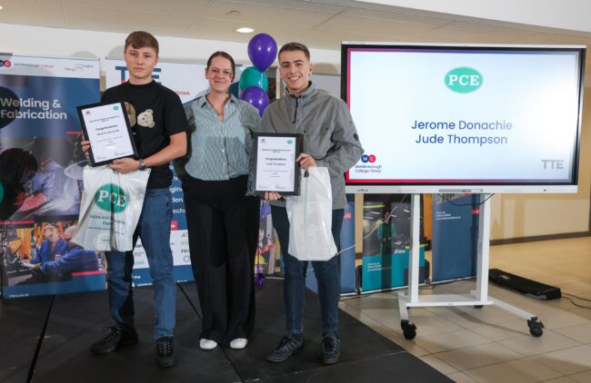 Scholars Jerome Donachie and Jude Thompson with employer PCE UK