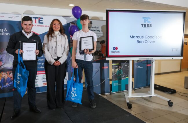 Scholars Ben Oliver and Marcus Goodison with employer Tees Components Ltd