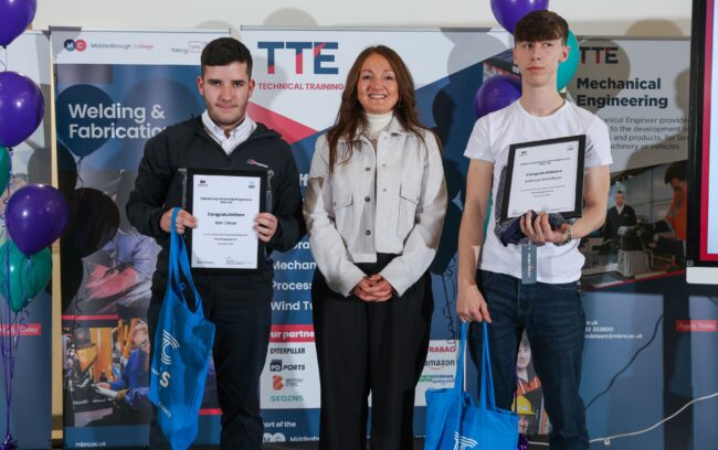 Scholars Ben Oliver and Marcus Goodison with employer Tees Components Ltd