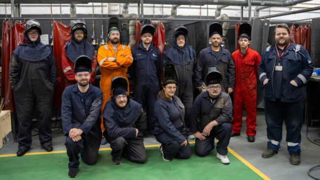 The 11 successful students on the SeAH Wind welding course from Middlesbrough College pictured with Matthew Smith, Instructor Demonstrator Assessor for welding at Middlesbrough College, on the right.
