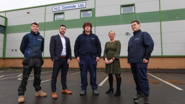 New horizons – (from left) HC Controls panel wireman Tom Spencer, associate director for apprentices at Middlesbrough College Mark Hall, HC Controls panel wireman Xander Brown, HC Controls director Helen Bullivant and HC Controls panel wireman Fynn Walker