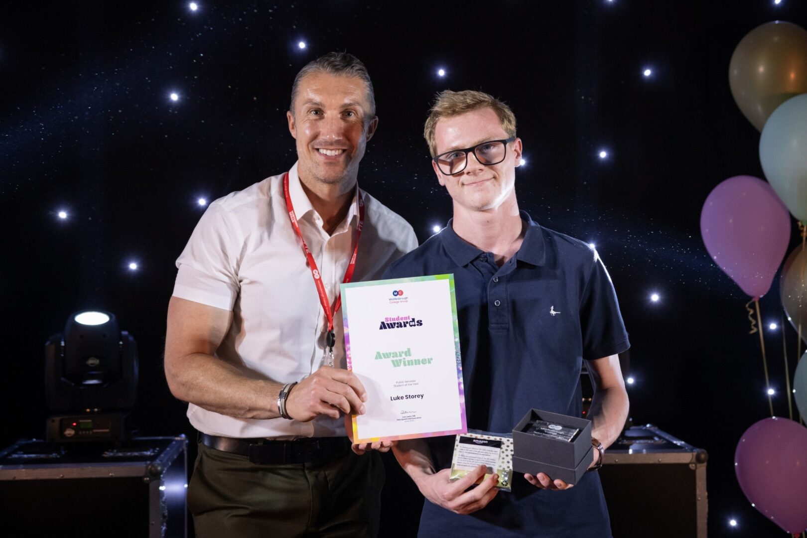 Ben Robinson Of MC With Public Services Student Winner Luke Storey