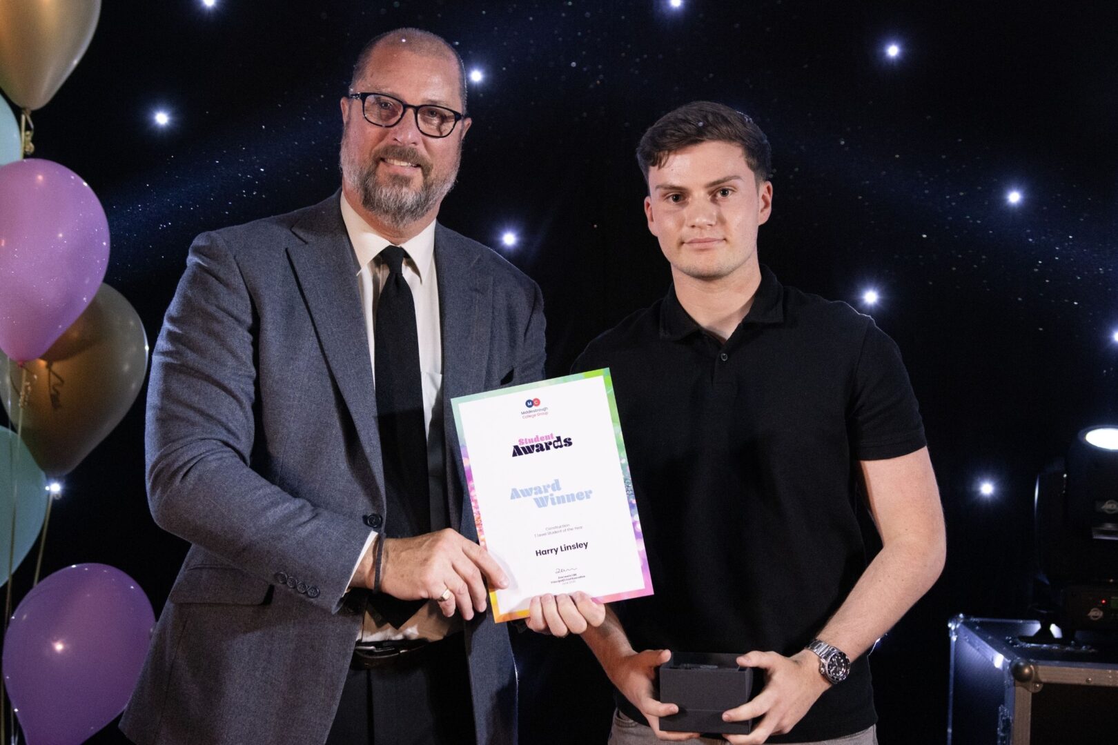 Mike Emery Of MC With Construction T Level Student Winner Harry Linsley