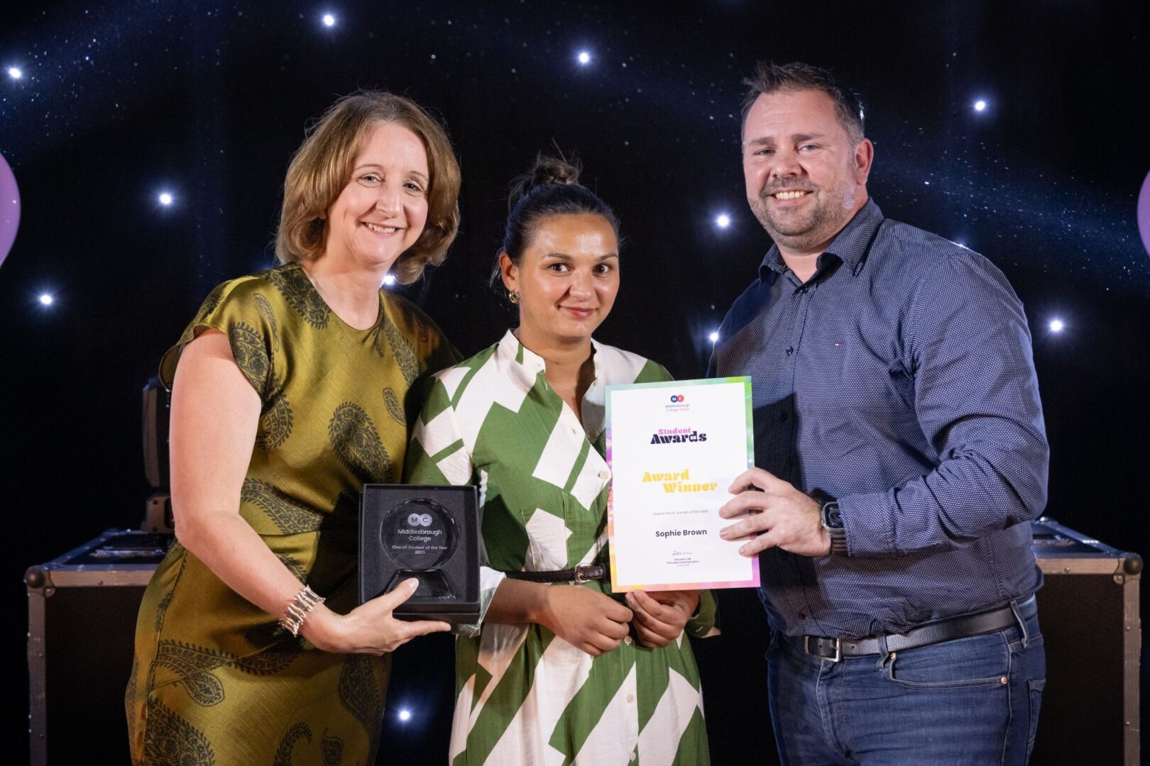 Zoe Lewis And Gary Adams Of Northumbrian Water With Overall Adult Learner Sophie Brown