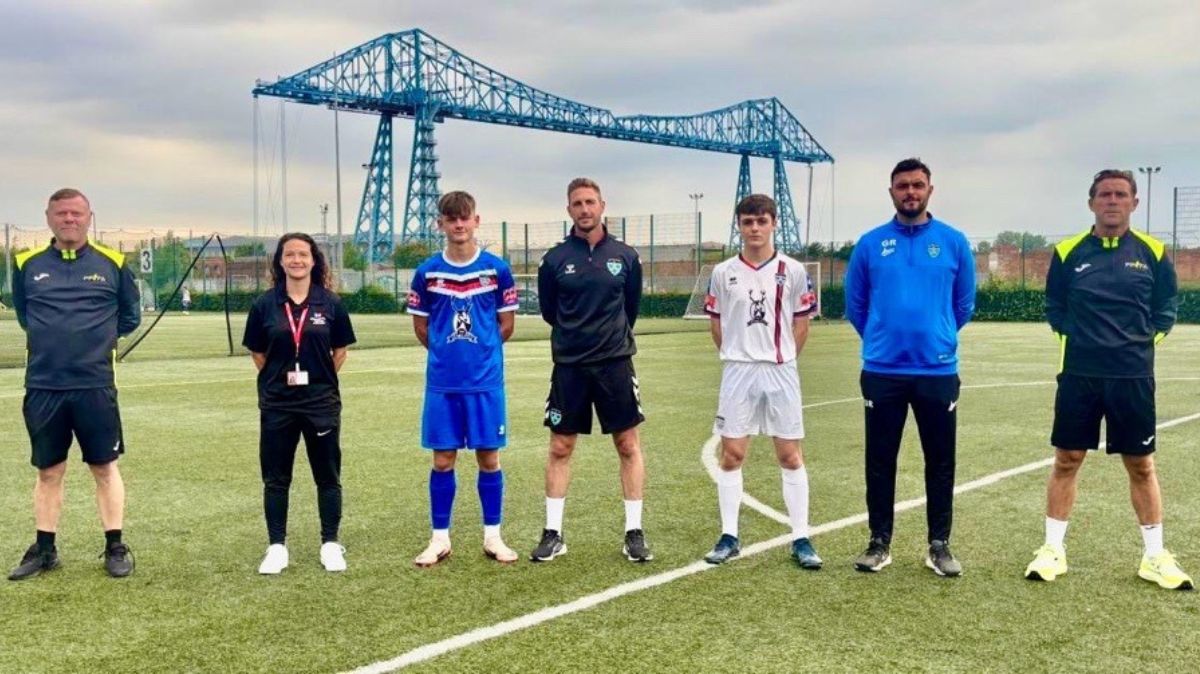 Sports Academies' Phil Stamp, Sammie Leigh and Andy Collett, with Whitby Town Team and students