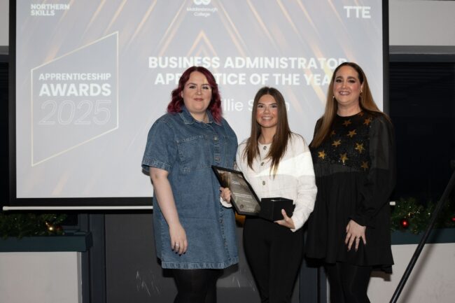 Sponsor Thirteen Group's Steph Douglas and Nat Hunt, with Business Administration Winner, Millie Smith