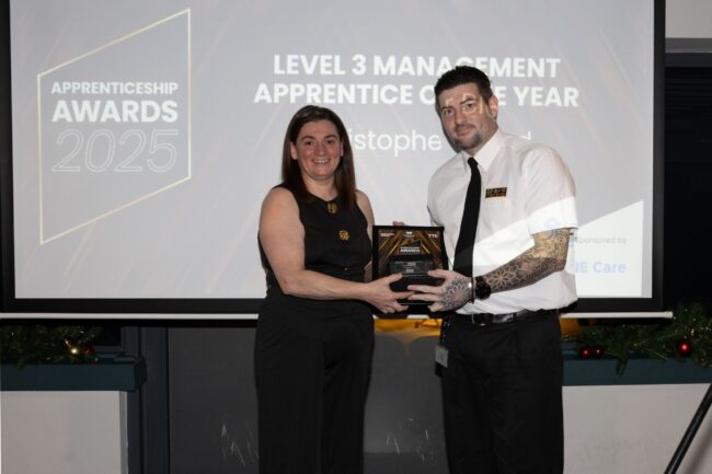 Sponsor SNE Care's Tracey Hugill with L3 Management Winner, Christopher Blood