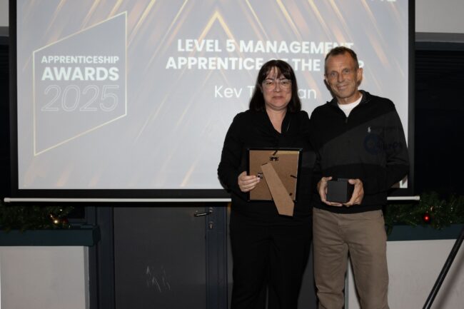 Sponsor Wilton Engineering's Many Ross, with L5 Management Winner, Kev Tyerman.