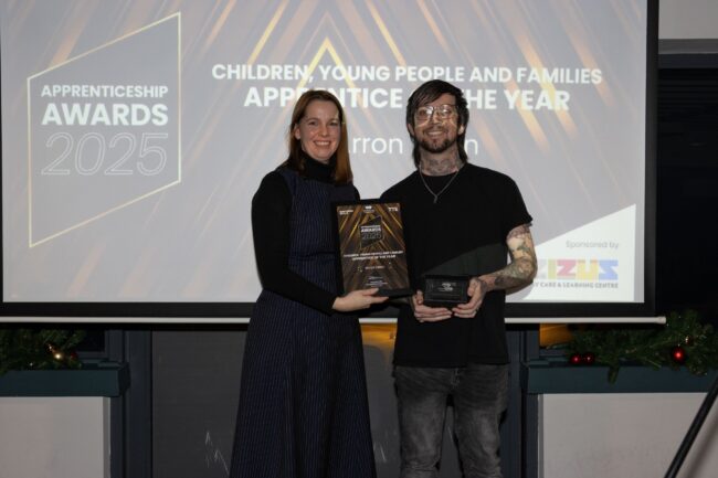 Children, Young People and Families Winner, Arron Dean, with Sponsor Zizu's Day Care, Nicci Rahman-Knight.