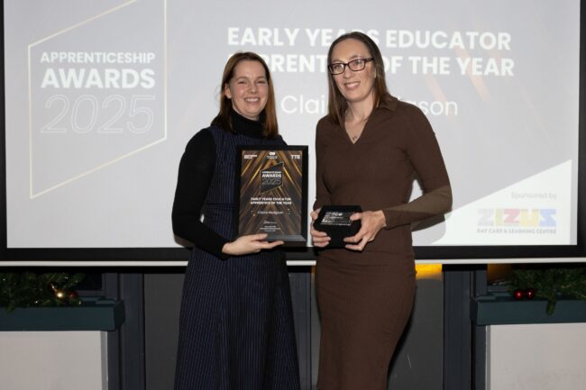 Early Years Educator Winner, Claire Hodgson, with Sponsor Zizu's Day Care, Nicci Rahman-Knight.