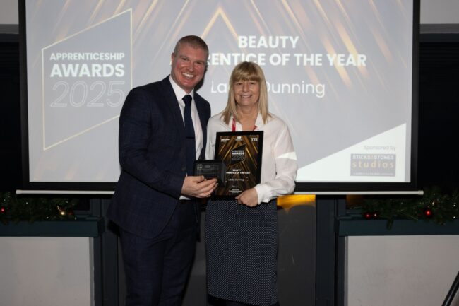MCG's Gary Potts with Northern Skills's Val Hogan, collecting on behalf of Beauty Winner Lacey Dunning.