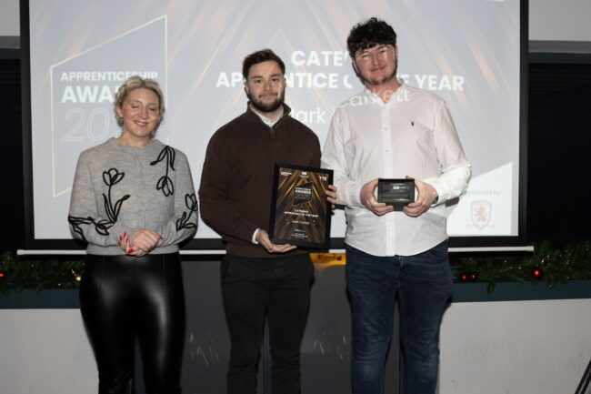 Sponsor Middlesbrough Football Club's Owen McCarthey and Carleigh Stafford, with Catering Winner, Mark Carkett