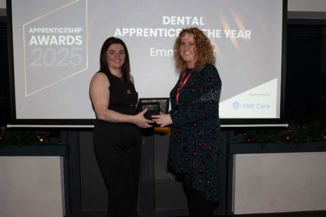 Sponsor SNE Care's Tracey Hugill with Simin Taylor-Winship, collecting on behalf of Dental Winner, Emma Scott.