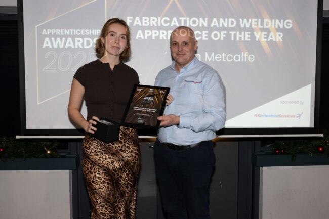 Fabrication and Welding Winner, Robyn Metcalfe, with Sponsor RS Industrial Services' Mark Cawley