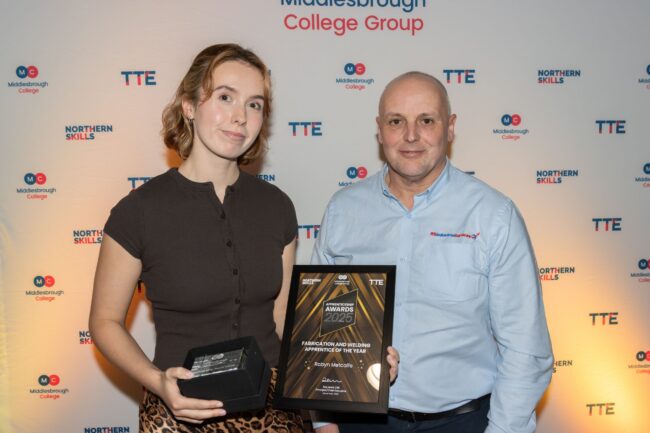 Fabrication and Welding Winner, Robyn Metcalfe, with Sponsor RS Industrial Services' Mark Cawley