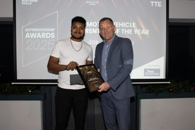 Motor Vehicle Winner, Joshua Nielsen, with Sponsor Tees Business' Martin Walker