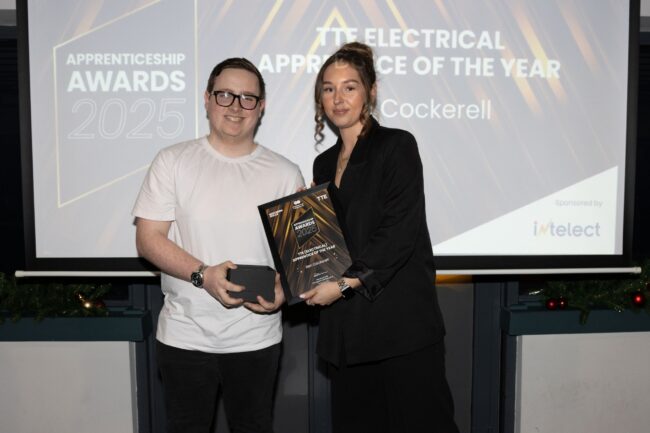 Sponsor Intelect's Lily Brothwood, with TTE Electrical Winner, Ben Cockerell