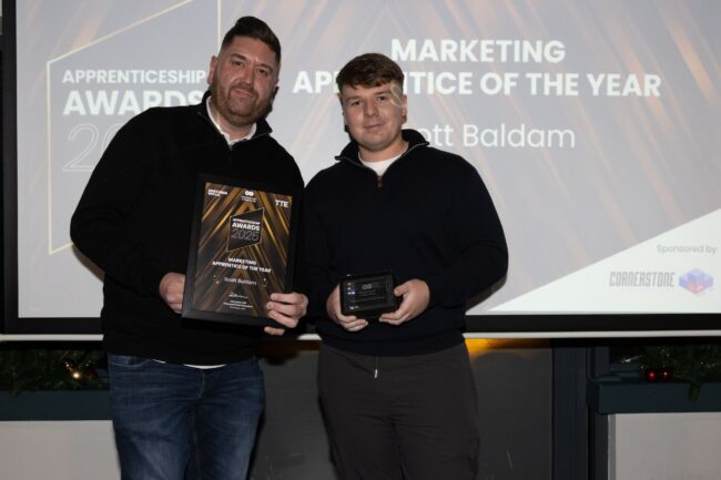 Sponsor Cornerstone Business Solutions' Alex Taylor, and Marketing Winner, Scott Baldam
