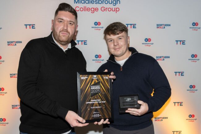 Sponsor Cornerstone Business Solutions' Alex Taylor, and Marketing Winner, Scott Baldam