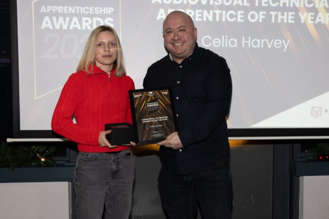 Audiovisual Technician Winner, Celia Harvey, with Sponsor BearTech's Rob Boville