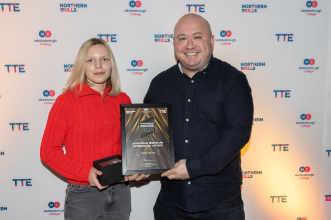 Audiovisual Technician Winner, Celia Harvey, with Sponsor BearTech's Rob Boville