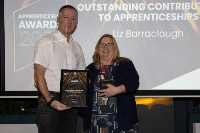 Sponsor Wilton Engineering's Andy Ryder, with Outstanding Contribution to Apprenticeships winner, Liz Barraclough.