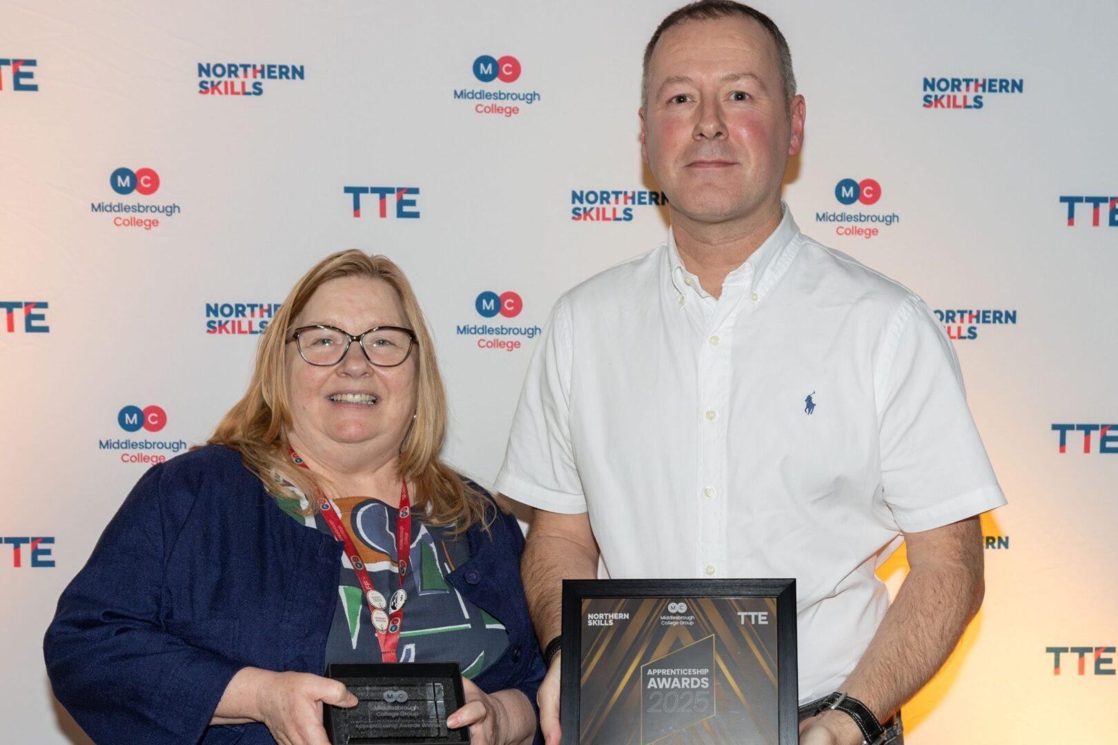 Sponsor Wilton Engineering's Andy Ryder, with Outstanding Contribution to Apprenticeships winner, Liz Barraclough.